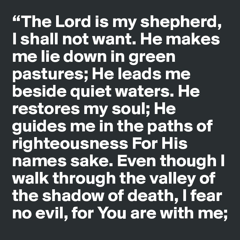 “The Lord is my shepherd, I shall not want. He makes me lie down in green pastures; He leads me beside quiet waters. He restores my soul; He guides me in the paths of righteousness For His names sake. Even though I walk through the valley of the shadow of death, I fear no evil, for You are with me; 
