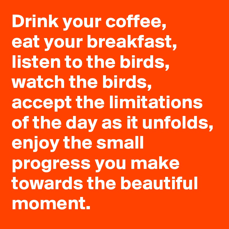 Drink your coffee, 
eat your breakfast,
listen to the birds, watch the birds,
accept the limitations
of the day as it unfolds,
enjoy the small progress you make
towards the beautiful moment.
