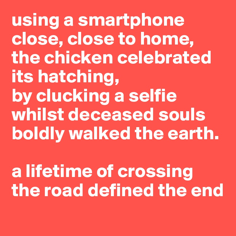 using a smartphone close, close to home,
the chicken celebrated its hatching, 
by clucking a selfie whilst deceased souls boldly walked the earth.

a lifetime of crossing the road defined the end
