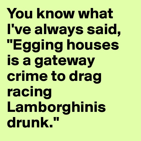 You know what I've always said, "Egging houses is a gateway crime to drag racing Lamborghinis drunk."