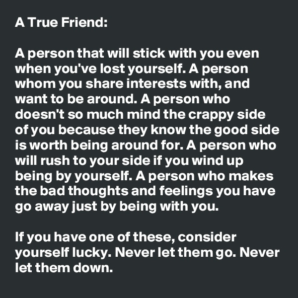 A True Friend: 

A person that will stick with you even when you've lost yourself. A person whom you share interests with, and want to be around. A person who doesn't so much mind the crappy side of you because they know the good side is worth being around for. A person who will rush to your side if you wind up being by yourself. A person who makes the bad thoughts and feelings you have go away just by being with you.

If you have one of these, consider yourself lucky. Never let them go. Never let them down.