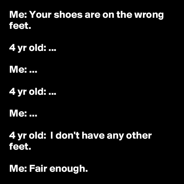 Me: Your shoes are on the wrong feet.

4 yr old: ...

Me: ...

4 yr old: ...

Me: ...

4 yr old:  I don't have any other feet.

Me: Fair enough.
