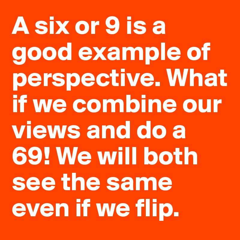 A six or 9 is a good example of perspective. What if we combine our views and do a 69! We will both see the same even if we flip. 