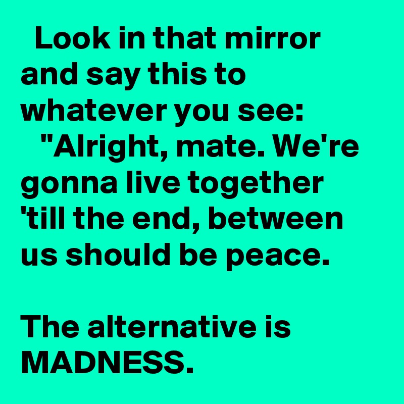   Look in that mirror and say this to whatever you see:
   "Alright, mate. We're gonna live together 'till the end, between us should be peace. 
      
The alternative is  MADNESS.