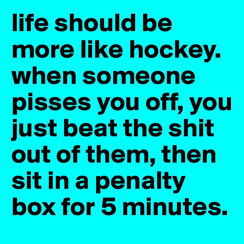 life should be more like hockey. when someone pisses you off, you just beat the shit out of them, then sit in a penalty box for 5 minutes. 