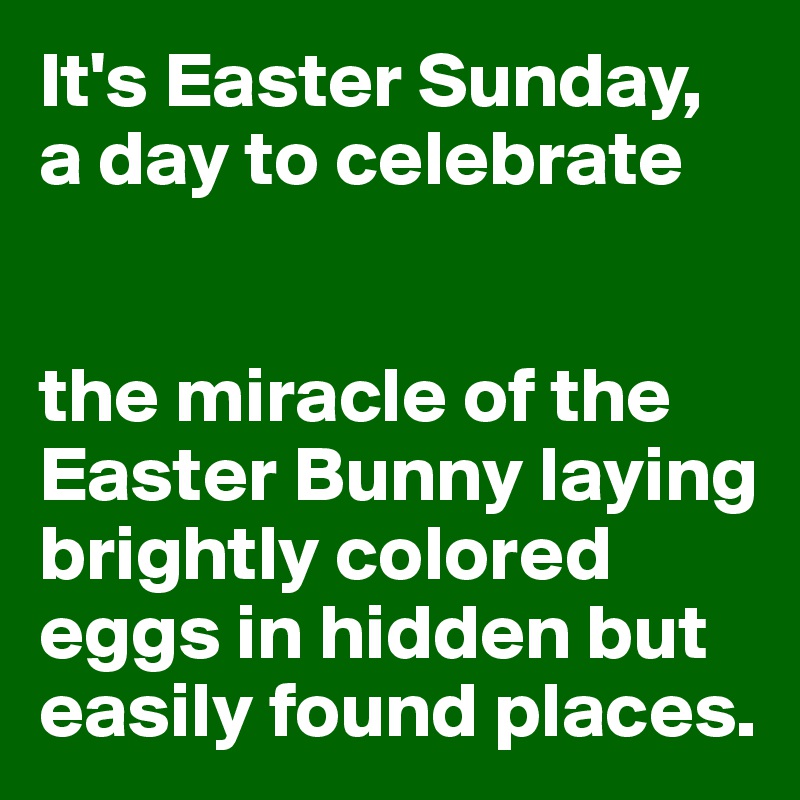 It's Easter Sunday, 
a day to celebrate


the miracle of the Easter Bunny laying brightly colored eggs in hidden but easily found places.