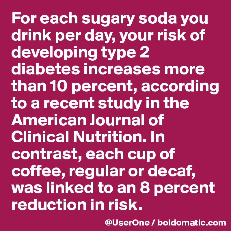 For each sugary soda you drink per day, your risk of developing type 2 diabetes increases more than 10 percent, according to a recent study in the American Journal of Clinical Nutrition. In contrast, each cup of coffee, regular or decaf, was linked to an 8 percent reduction in risk.
