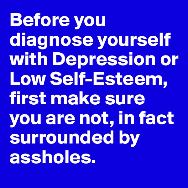 Before you diagnose yourself with Depression or Low Self-Esteem,
first make sure you are not, in fact surrounded by assholes.