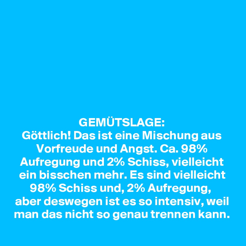 






GEMÜTSLAGE:
Göttlich! Das ist eine Mischung aus Vorfreude und Angst. Ca. 98% Aufregung und 2% Schiss, vielleicht ein bisschen mehr. Es sind vielleicht 98% Schiss und, 2% Aufregung, 
aber deswegen ist es so intensiv, weil man das nicht so genau trennen kann.
