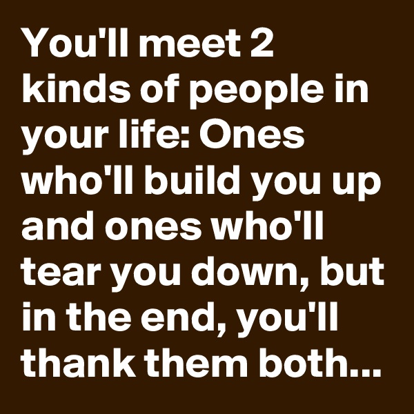You'll meet 2 kinds of people in your life: Ones who'll build you up and ones who'll tear you down, but in the end, you'll thank them both...