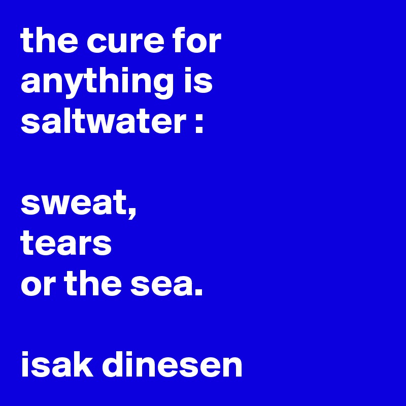 the cure for anything is saltwater :

sweat,
tears
or the sea.

isak dinesen