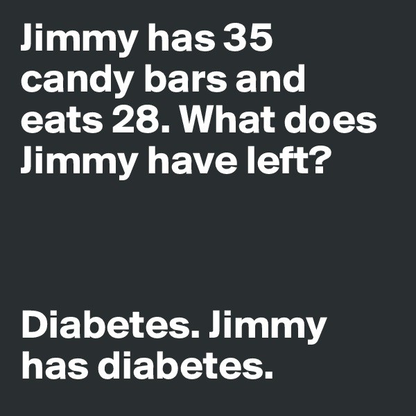 Jimmy has 35 candy bars and eats 28. What does Jimmy have left?



Diabetes. Jimmy has diabetes.