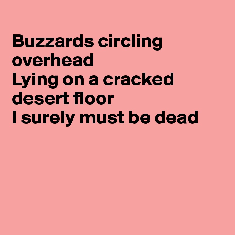 
Buzzards circling overhead
Lying on a cracked
desert floor
I surely must be dead




