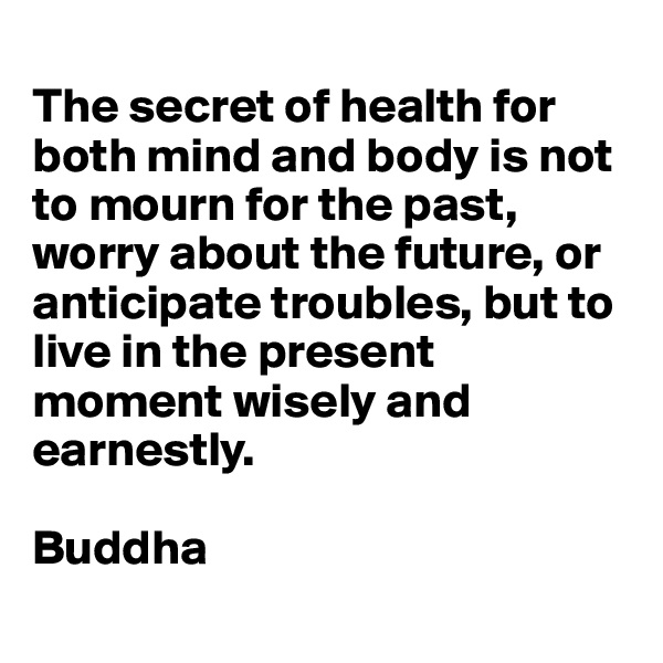 
The secret of health for both mind and body is not to mourn for the past, worry about the future, or anticipate troubles, but to live in the present moment wisely and earnestly.

Buddha
