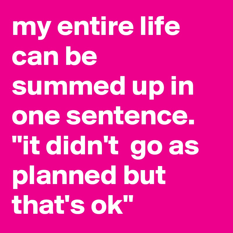 my entire life can be summed up in one sentence.  "it didn't  go as planned but that's ok" 
