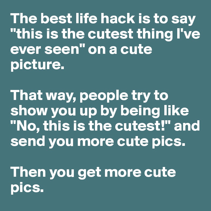 The best life hack is to say "this is the cutest thing l've ever seen" on a cute picture. 

That way, people try to show you up by being like "No, this is the cutest!" and send you more cute pics. 

Then you get more cute pics.