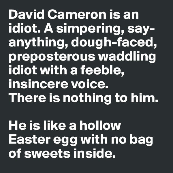 David Cameron is an idiot. A simpering, say-anything, dough-faced, preposterous waddling idiot with a feeble, insincere voice. 
There is nothing to him. 

He is like a hollow Easter egg with no bag of sweets inside.