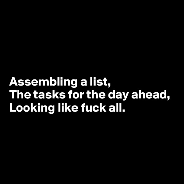 




Assembling a list,
The tasks for the day ahead,
Looking like fuck all.



