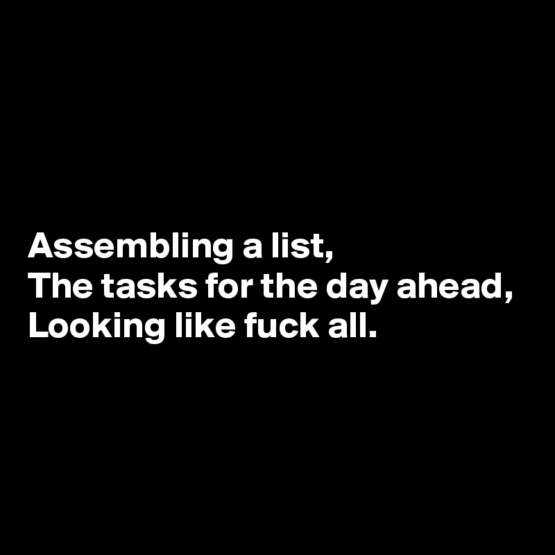 




Assembling a list,
The tasks for the day ahead,
Looking like fuck all.



