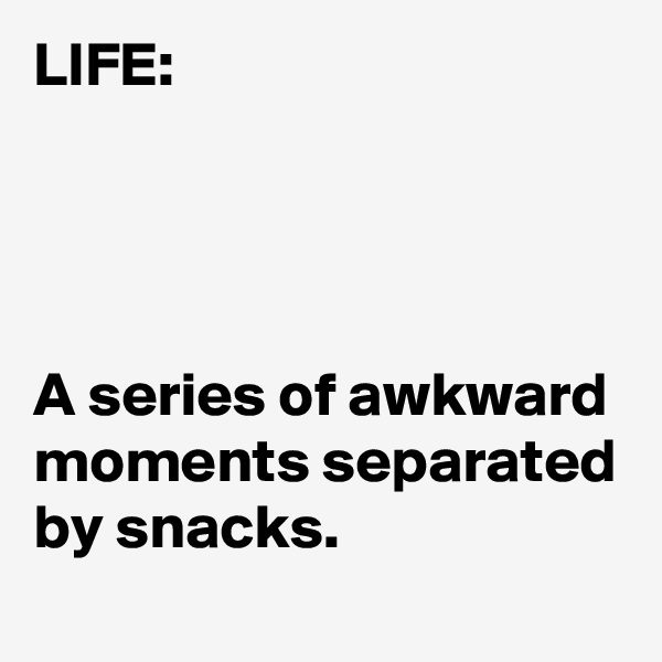 LIFE:




A series of awkward moments separated by snacks. 