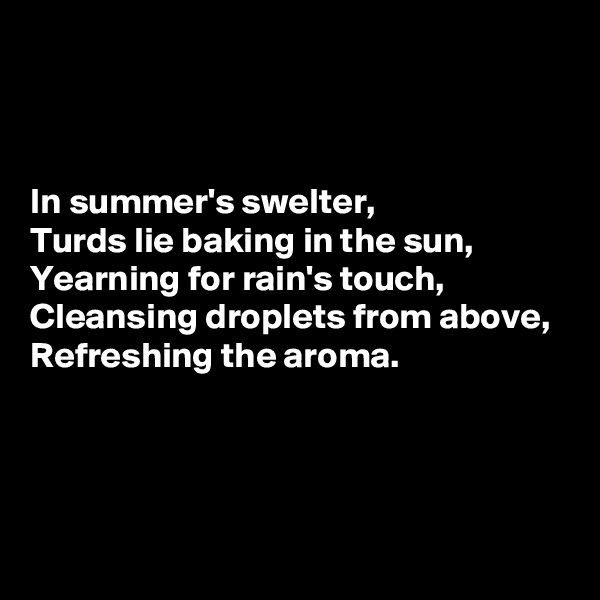 



In summer's swelter,
Turds lie baking in the sun,
Yearning for rain's touch,
Cleansing droplets from above,
Refreshing the aroma.




