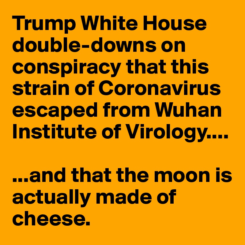 Trump White House double-downs on conspiracy that this strain of Coronavirus escaped from Wuhan Institute of Virology....

...and that the moon is actually made of cheese.