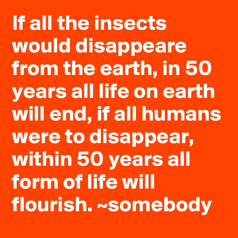 If all the insects would disappeare from the earth, in 50 years all life on earth will end, if all humans were to disappear, within 50 years all form of life will flourish. ~somebody 