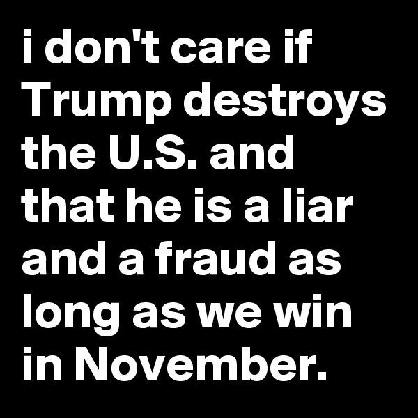 i don't care if Trump destroys the U.S. and that he is a liar and a fraud as long as we win in November.