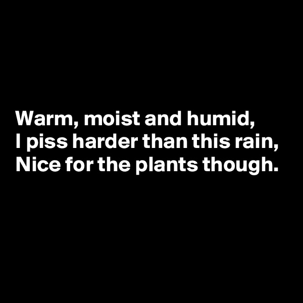 



Warm, moist and humid,
I piss harder than this rain,
Nice for the plants though.



