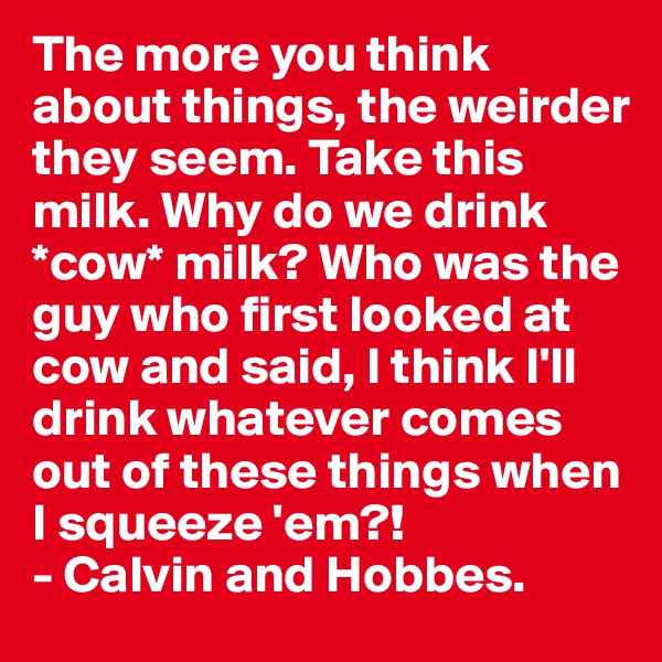 The more you think about things, the weirder they seem. Take this milk. Why do we drink *cow* milk? Who was the guy who first looked at cow and said, I think I'll drink whatever comes out of these things when I squeeze 'em?! 
- Calvin and Hobbes.