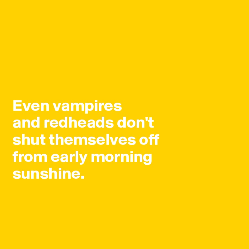 




Even vampires 
and redheads don't
shut themselves off 
from early morning 
sunshine. 


