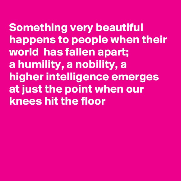 
Something very beautiful  happens to people when their world  has fallen apart;
a humility, a nobility, a
higher intelligence emerges at just the point when our
knees hit the floor





