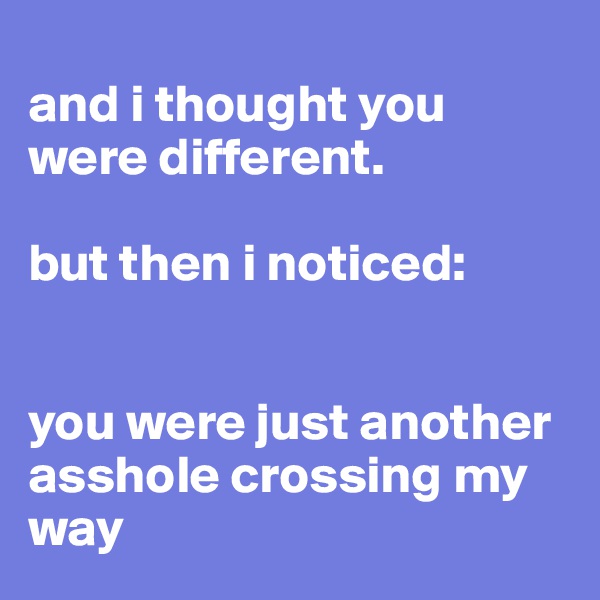 
and i thought you were different.

but then i noticed: 


you were just another 
asshole crossing my way