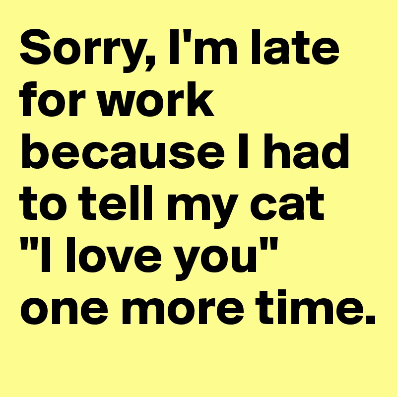 Sorry, I'm late for work because I had to tell my cat 
"I love you" one more time.