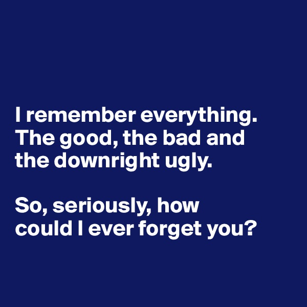 



I remember everything. The good, the bad and 
the downright ugly. 

So, seriously, how 
could I ever forget you?

