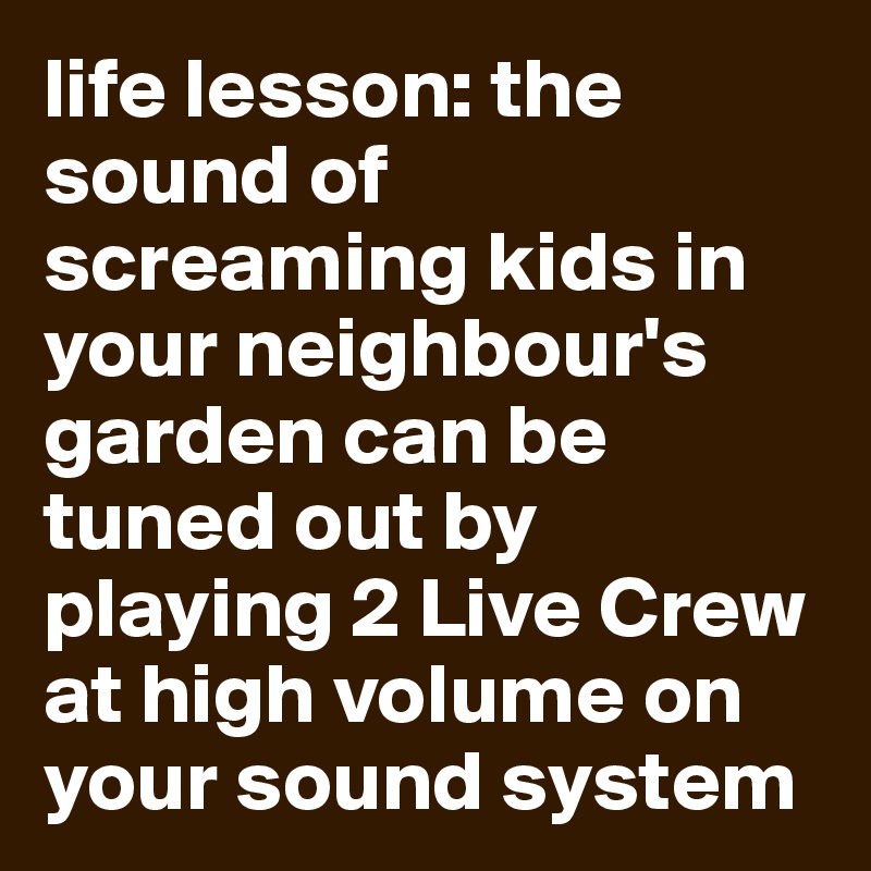 life lesson: the sound of screaming kids in your neighbour's garden can be tuned out by playing 2 Live Crew at high volume on your sound system