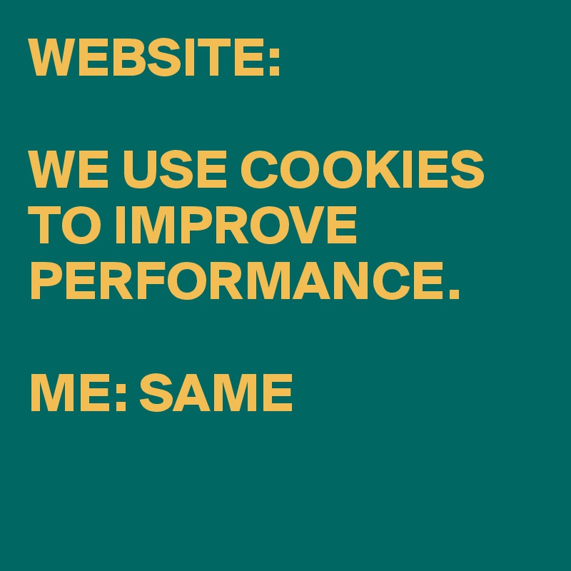 WEBSITE:

WE USE COOKIES TO IMPROVE PERFORMANCE.

ME: SAME

