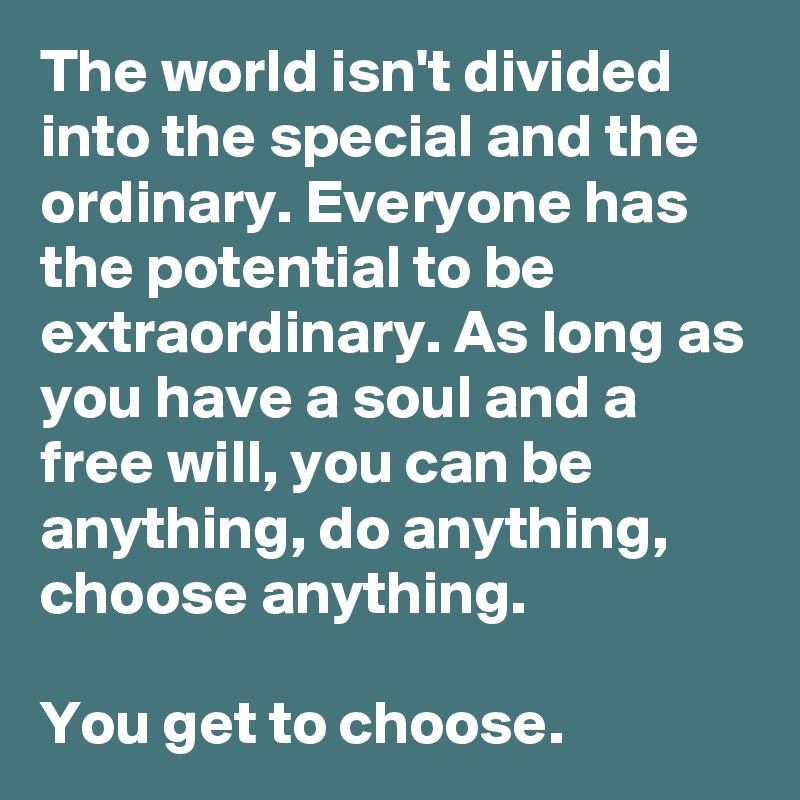 The world isn't divided into the special and the ordinary. Everyone has the potential to be extraordinary. As long as you have a soul and a free will, you can be anything, do anything, choose anything.

You get to choose.