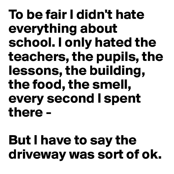 To be fair I didn't hate everything about school. I only hated the teachers, the pupils, the lessons, the building, the food, the smell, every second I spent there - 

But I have to say the driveway was sort of ok.
