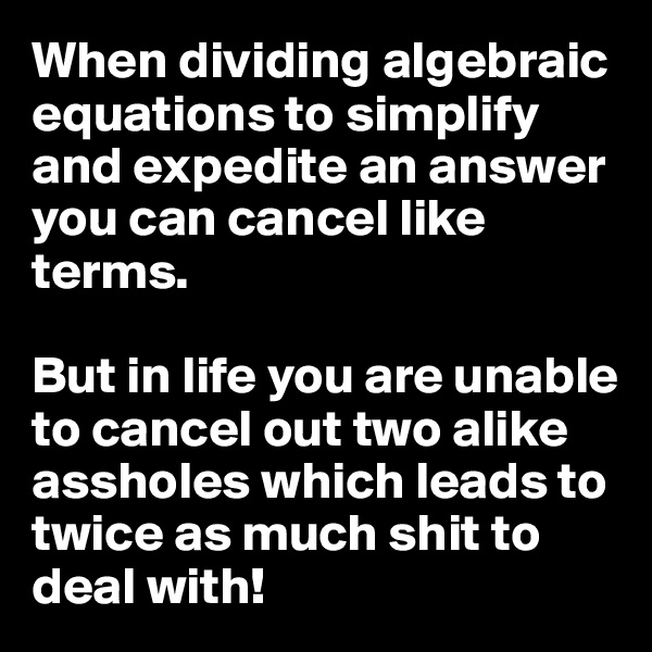 When dividing algebraic equations to simplify and expedite an answer you can cancel like terms.

But in life you are unable to cancel out two alike assholes which leads to twice as much shit to deal with!