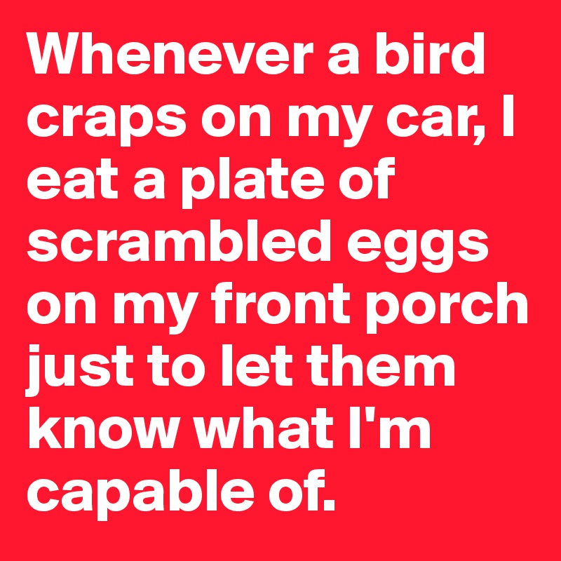 Whenever a bird craps on my car, I eat a plate of scrambled eggs on my front porch just to let them know what I'm capable of. 