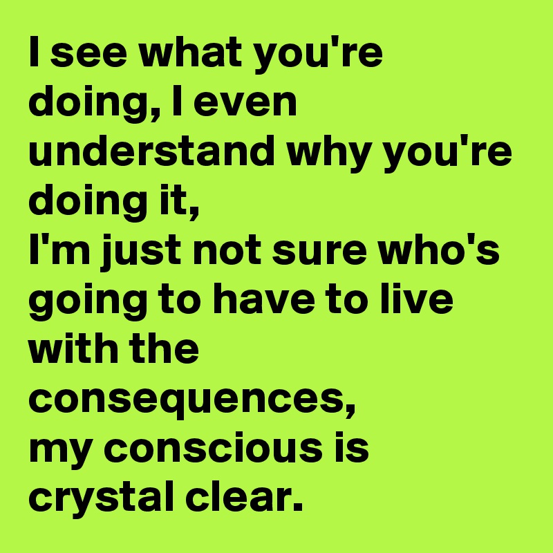 I see what you're doing, I even understand why you're doing it,
I'm just not sure who's going to have to live with the consequences,
my conscious is crystal clear. 