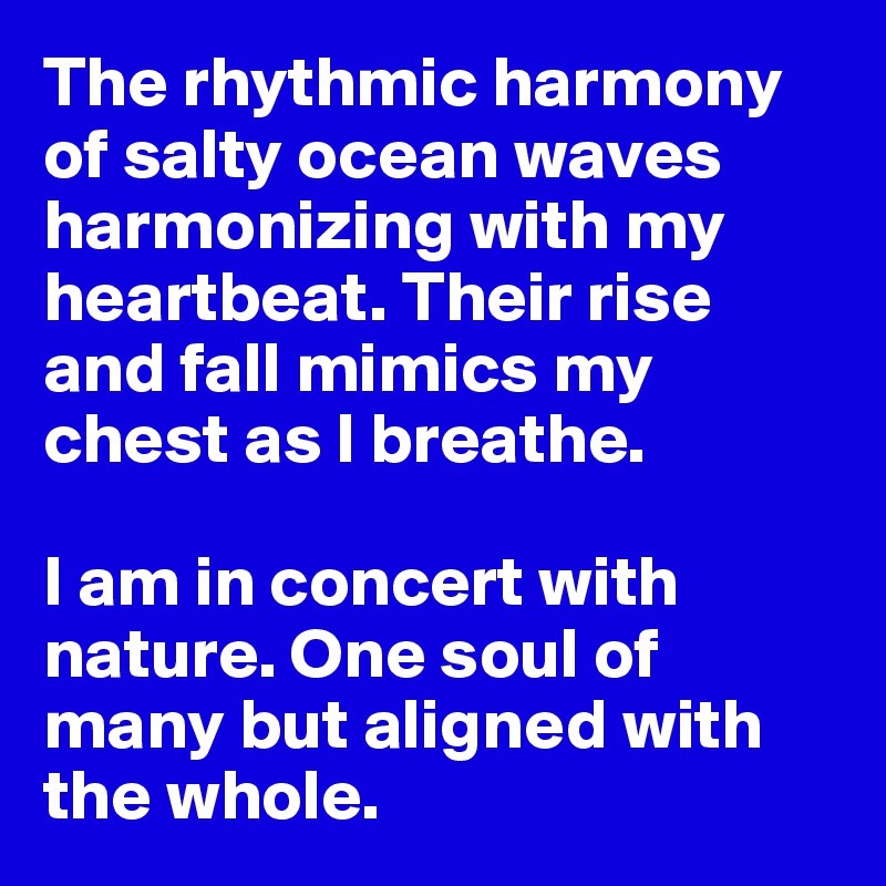 The rhythmic harmony of salty ocean waves harmonizing with my heartbeat. Their rise and fall mimics my chest as I breathe. 

I am in concert with nature. One soul of many but aligned with the whole.