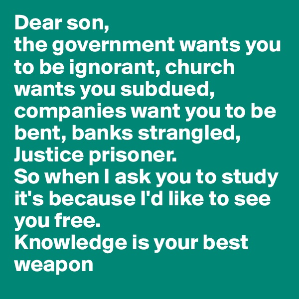 Dear son, 
the government wants you to be ignorant, church wants you subdued, companies want you to be bent, banks strangled, Justice prisoner. 
So when I ask you to study it's because I'd like to see you free. 
Knowledge is your best weapon