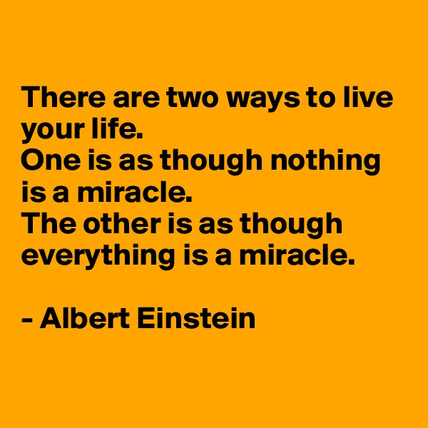 

There are two ways to live your life. 
One is as though nothing is a miracle. 
The other is as though everything is a miracle.

- Albert Einstein

