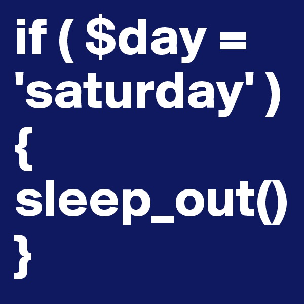 if ( $day = 'saturday' ) {
sleep_out()}