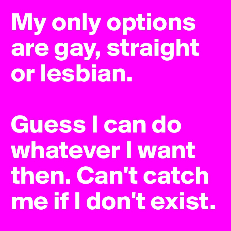 My only options are gay, straight or lesbian.

Guess I can do whatever I want then. Can't catch me if I don't exist.