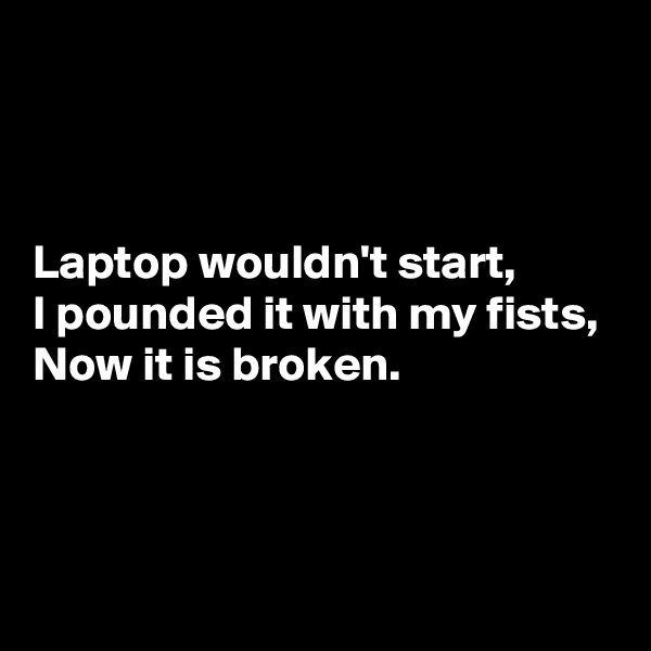 



Laptop wouldn't start,
I pounded it with my fists,
Now it is broken.



