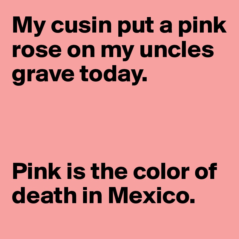 My cusin put a pink rose on my uncles grave today. 



Pink is the color of death in Mexico. 