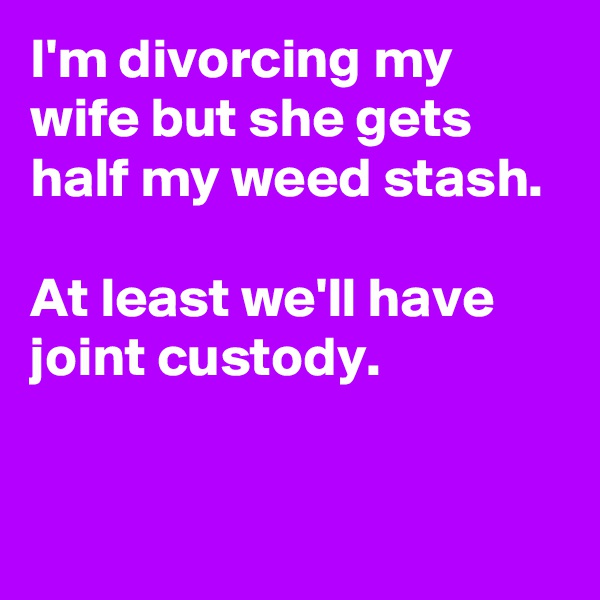 I'm divorcing my wife but she gets half my weed stash. 

At least we'll have joint custody.

